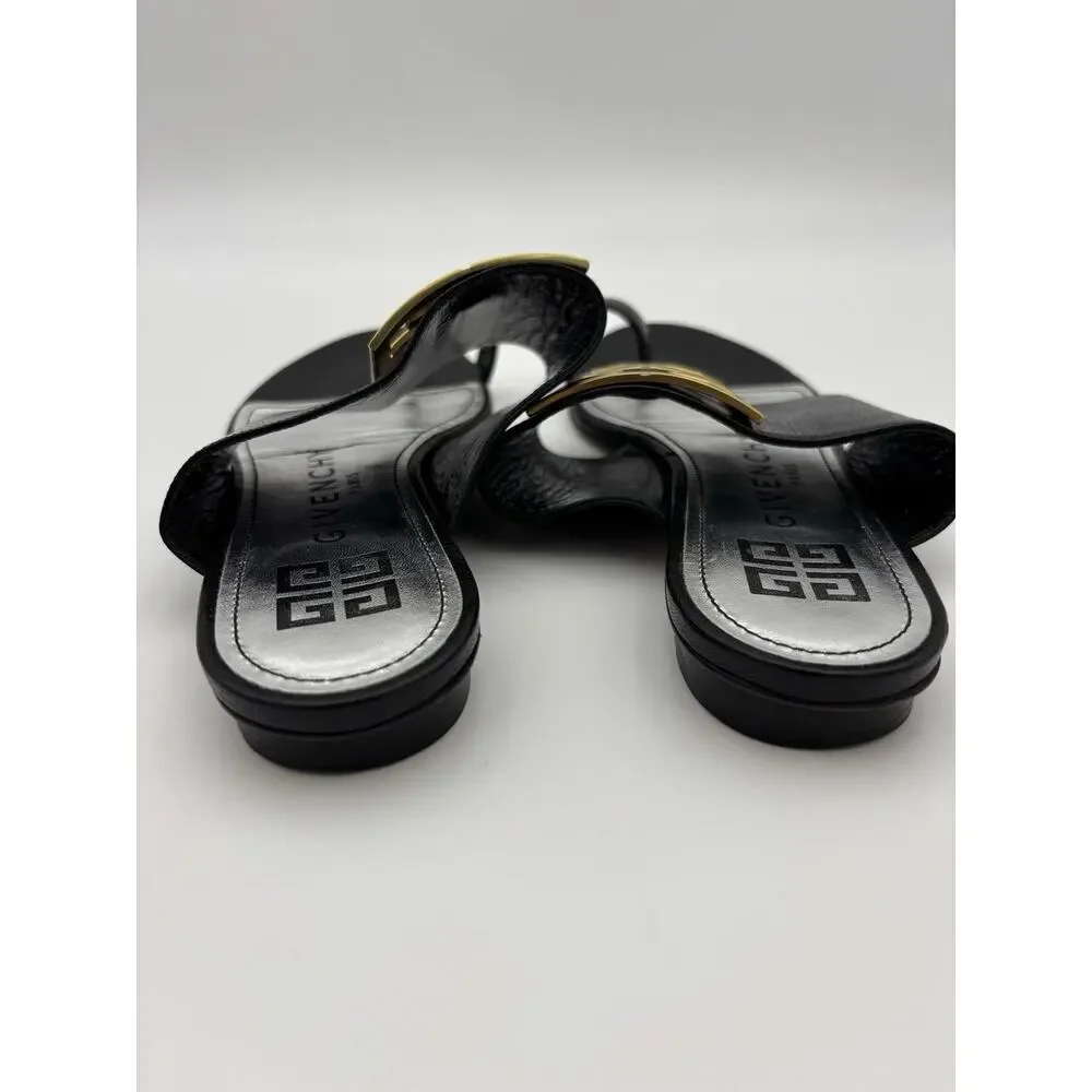 Authentic Givenchy Toe Ring Flat Sandal Black Leather Gold Logo Size 37.5 / 7 - Picture 6 of 12